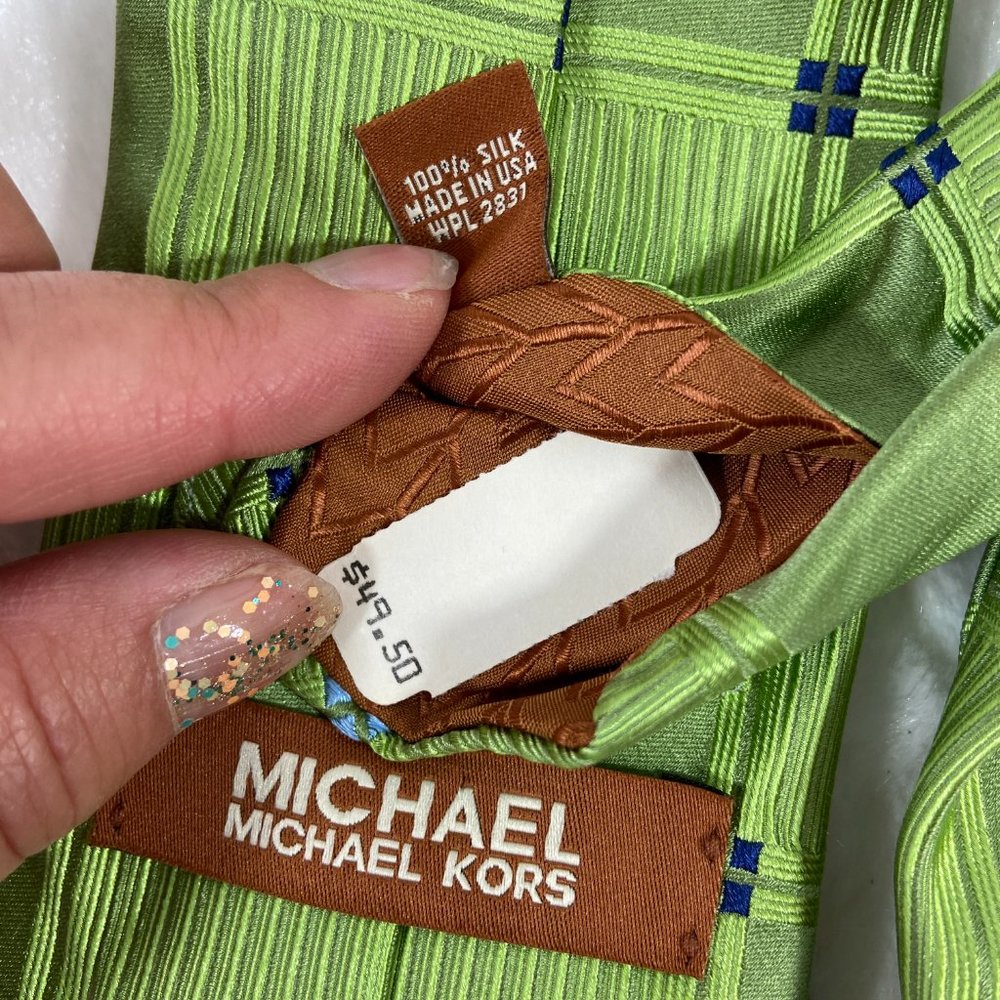 MICHAEL Michael Kors Lime Green and Blue Square Pattern 100% Silk Necktie Tie - Picture 5 of 6
